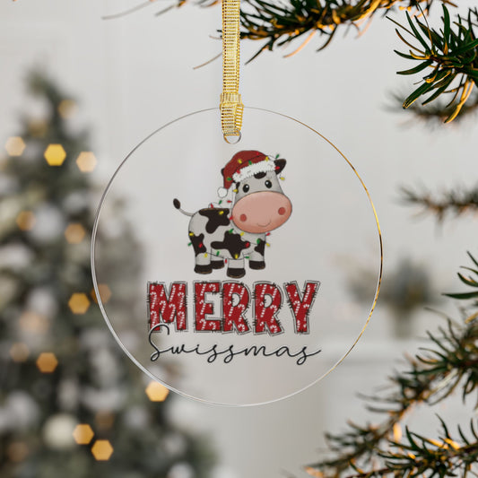 Merry Swissmas cow ornament for Swiss-inspired Christmas decoration