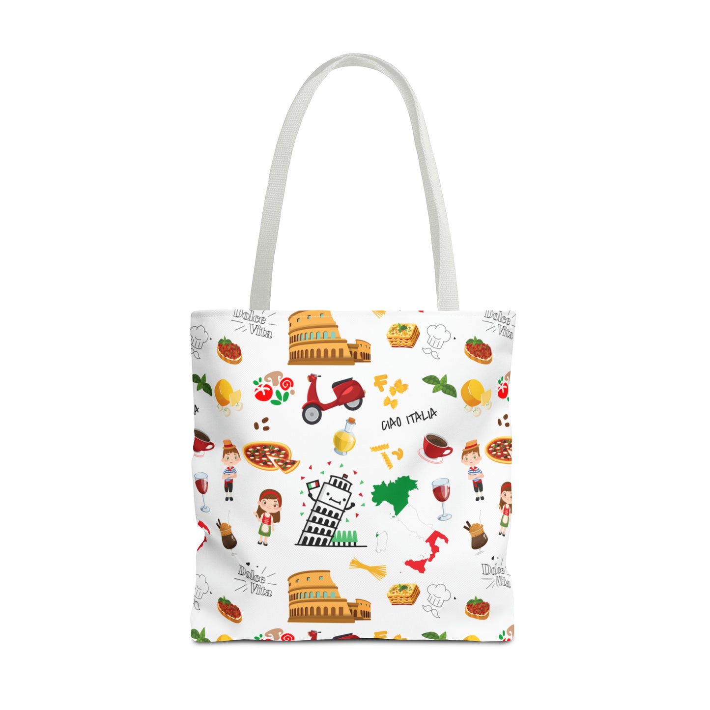 Italian Icons Tote Bag: Pizza, Coliseum, Coffee & More! Explore Italy's Charm in Style AOP