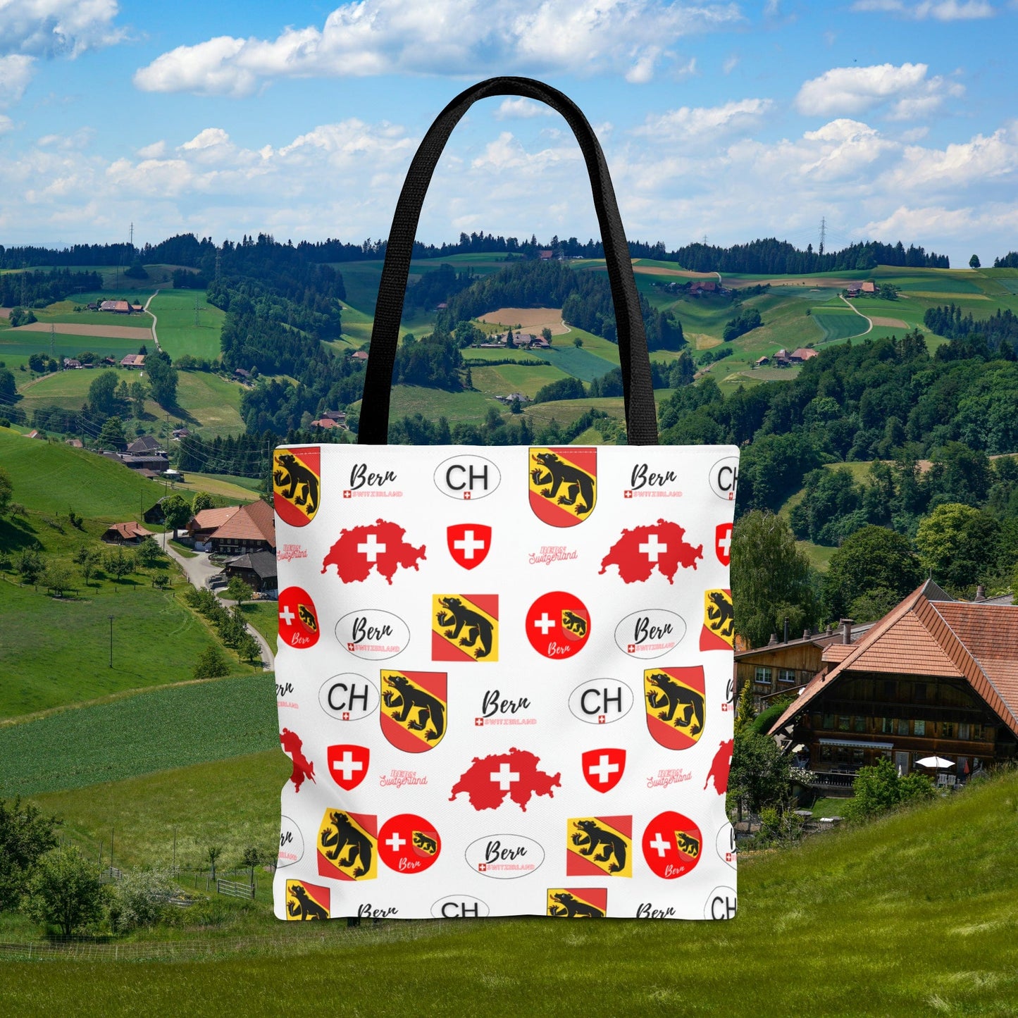 Bern Beauty All Over Tote: Swiss Flag, Coat of Arms & Map Pattern