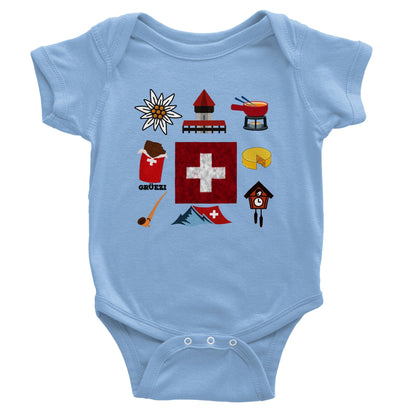 Swiss Culture Baby Bodysuit | Swiss Flag, Fondue, Edelweiss, Chocolate, Alphorn