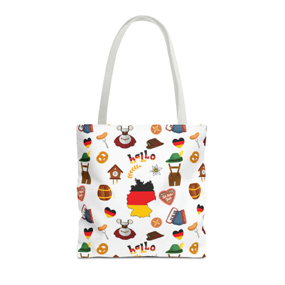 Authentic German Charm Tote: Flag, Traditional Attire, Pretzels, Sausages & More! Ideal for Wanderlust Souls (AOP)