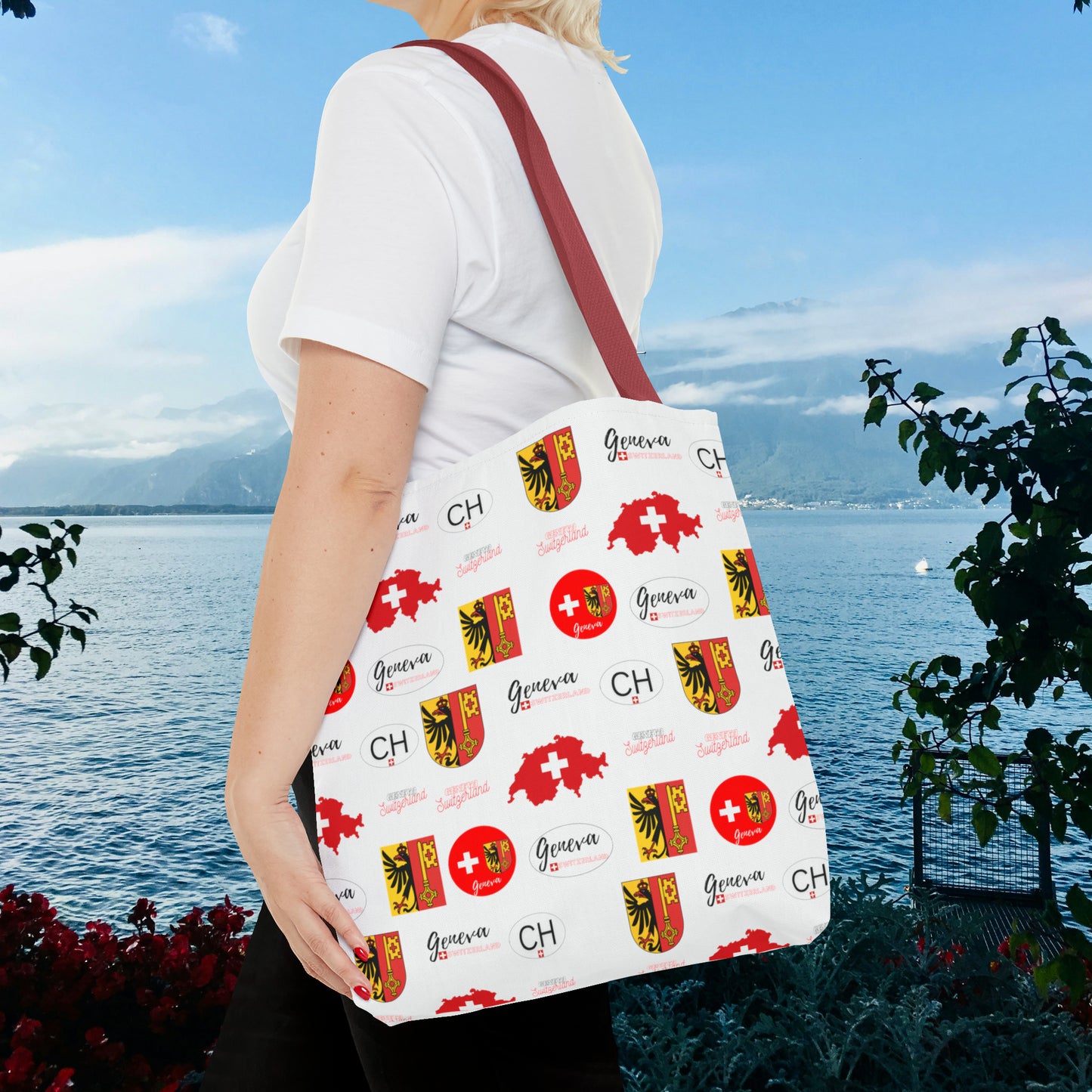 Swiss Splendor Tote: Geneva Coat of Arms, Flag, and Map Pattern