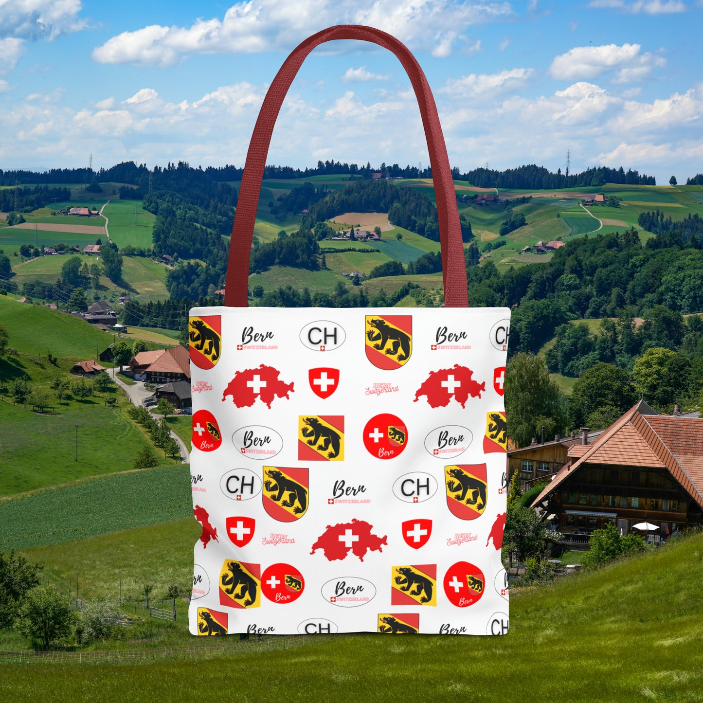 Bern Beauty All Over Tote: Swiss Flag, Coat of Arms & Map Pattern