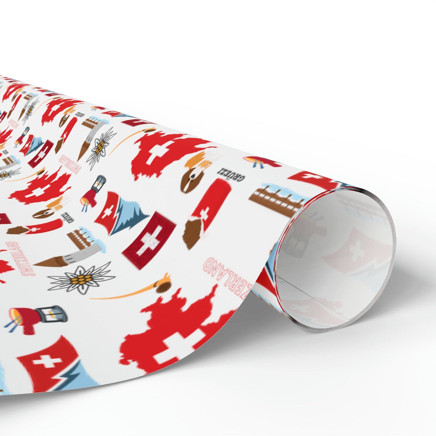 Swiss Travel and Culture Wrapping Paper - Swiss Map, Matterhorn, Edelweiss, Fondue, Chapel Bridge