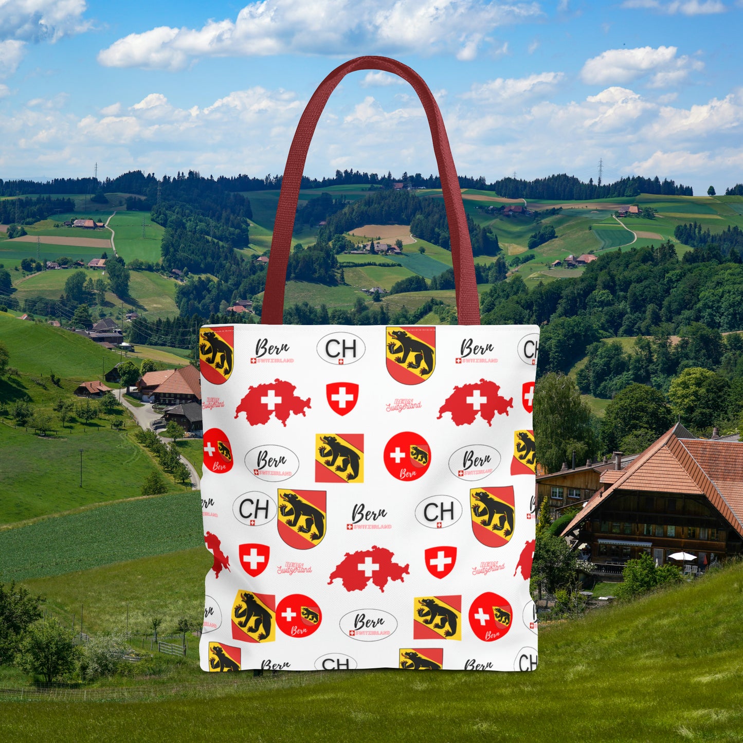 Bern Beauty All Over Tote: Swiss Flag, Coat of Arms & Map Pattern