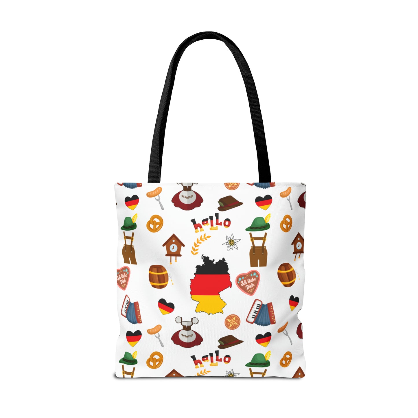 Authentic German Charm Tote: Flag, Traditional Attire, Pretzels, Sausages & More! Ideal for Wanderlust Souls (AOP)