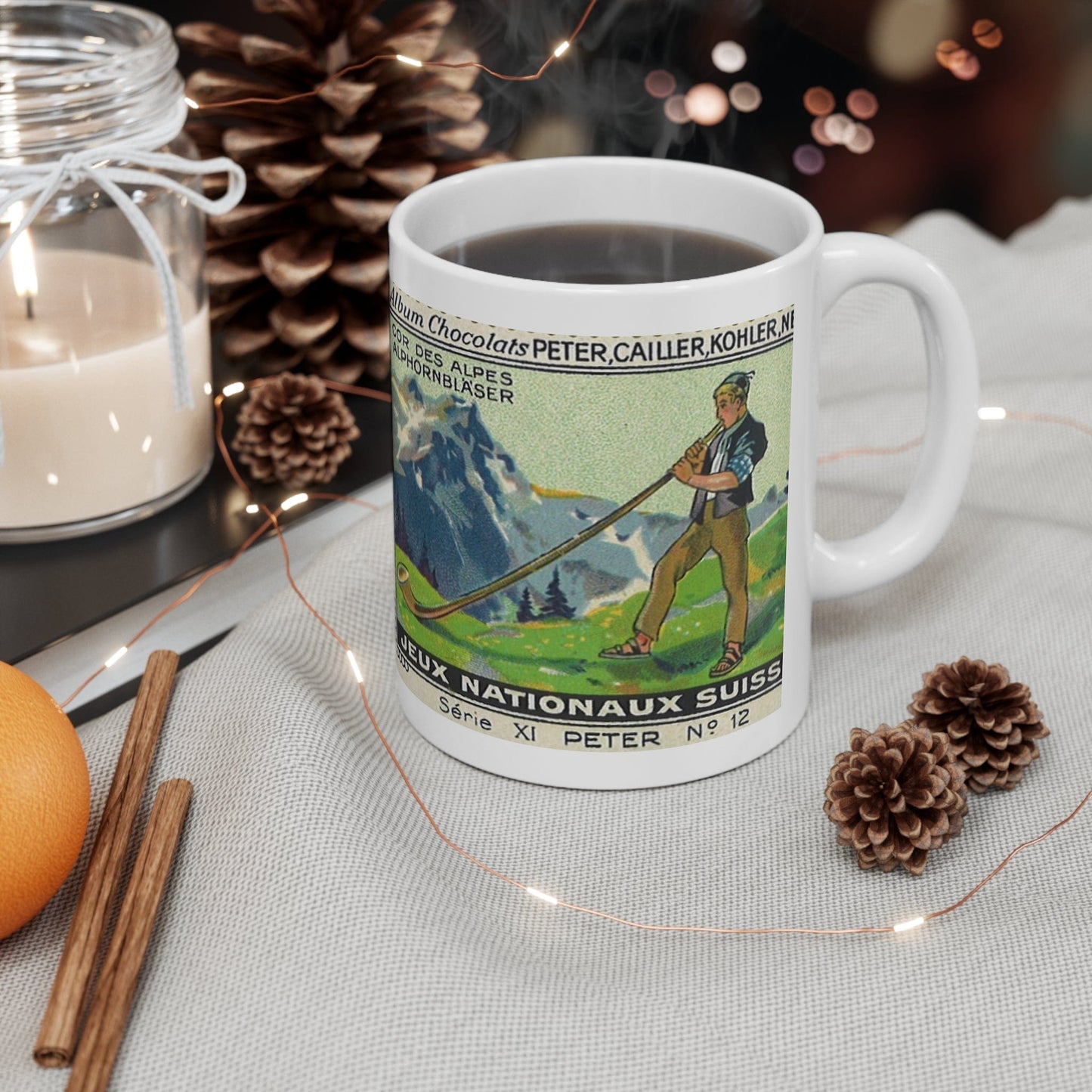 Swiss Alphorn Player Scene in the Alps  | Immerse Yourself in Alpine Melodies with Our Vintage Painting Mug