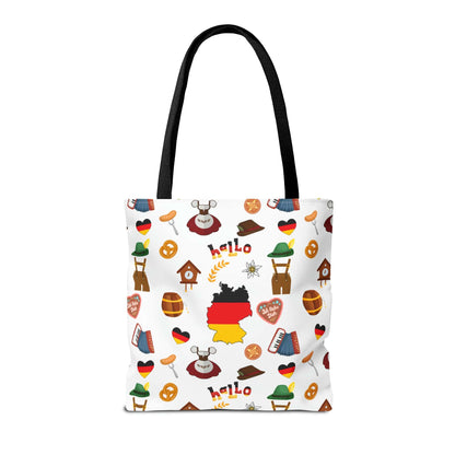 Authentic German Charm Tote: Flag, Traditional Attire, Pretzels, Sausages & More! Ideal for Wanderlust Souls (AOP)