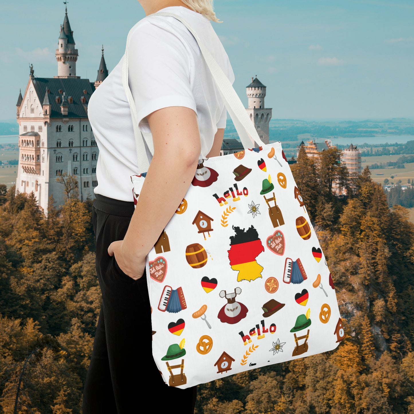 Authentic German Charm Tote: Flag, Traditional Attire, Pretzels, Sausages & More! Ideal for Wanderlust Souls (AOP)