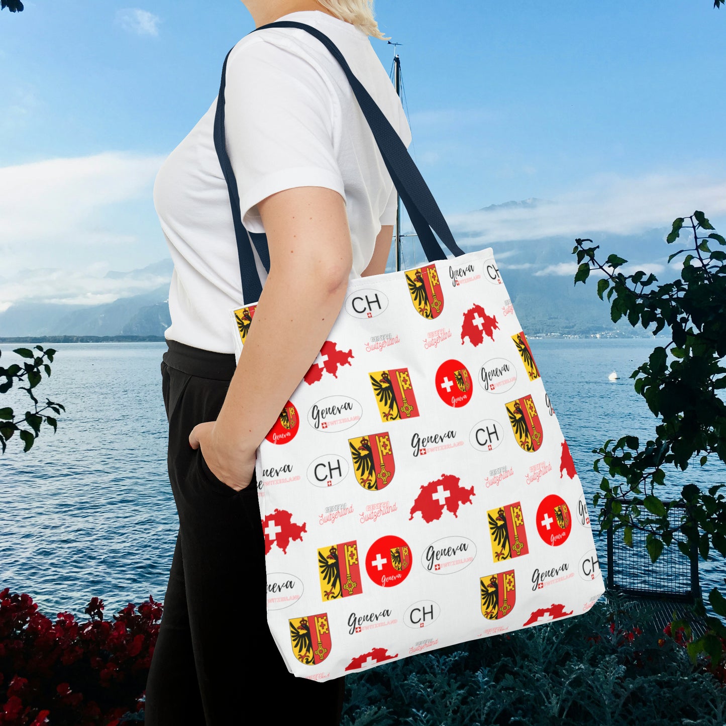 Swiss Splendor Tote: Geneva Coat of Arms, Flag, and Map Pattern