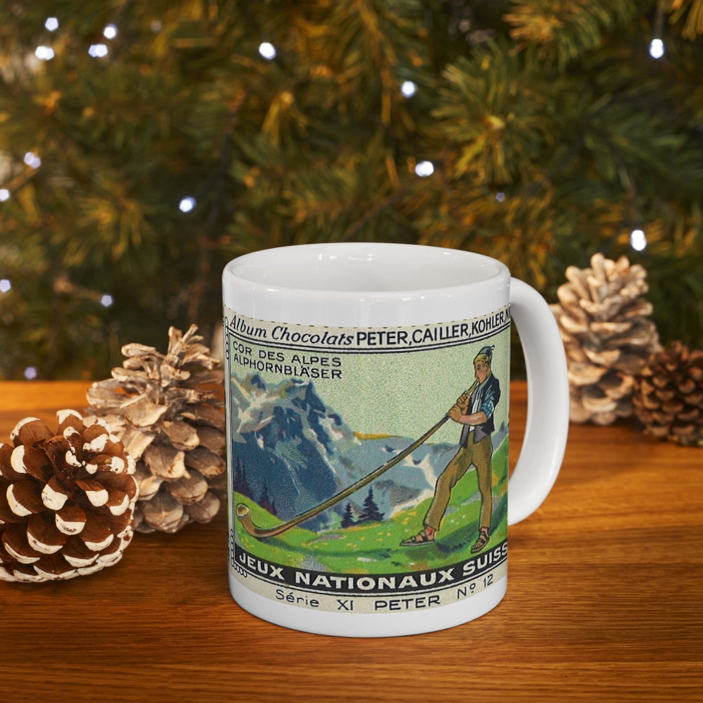 Swiss Alphorn Player Scene in the Alps  | Immerse Yourself in Alpine Melodies with Our Vintage Painting Mug