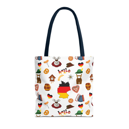 Authentic German Charm Tote: Flag, Traditional Attire, Pretzels, Sausages & More! Ideal for Wanderlust Souls (AOP)