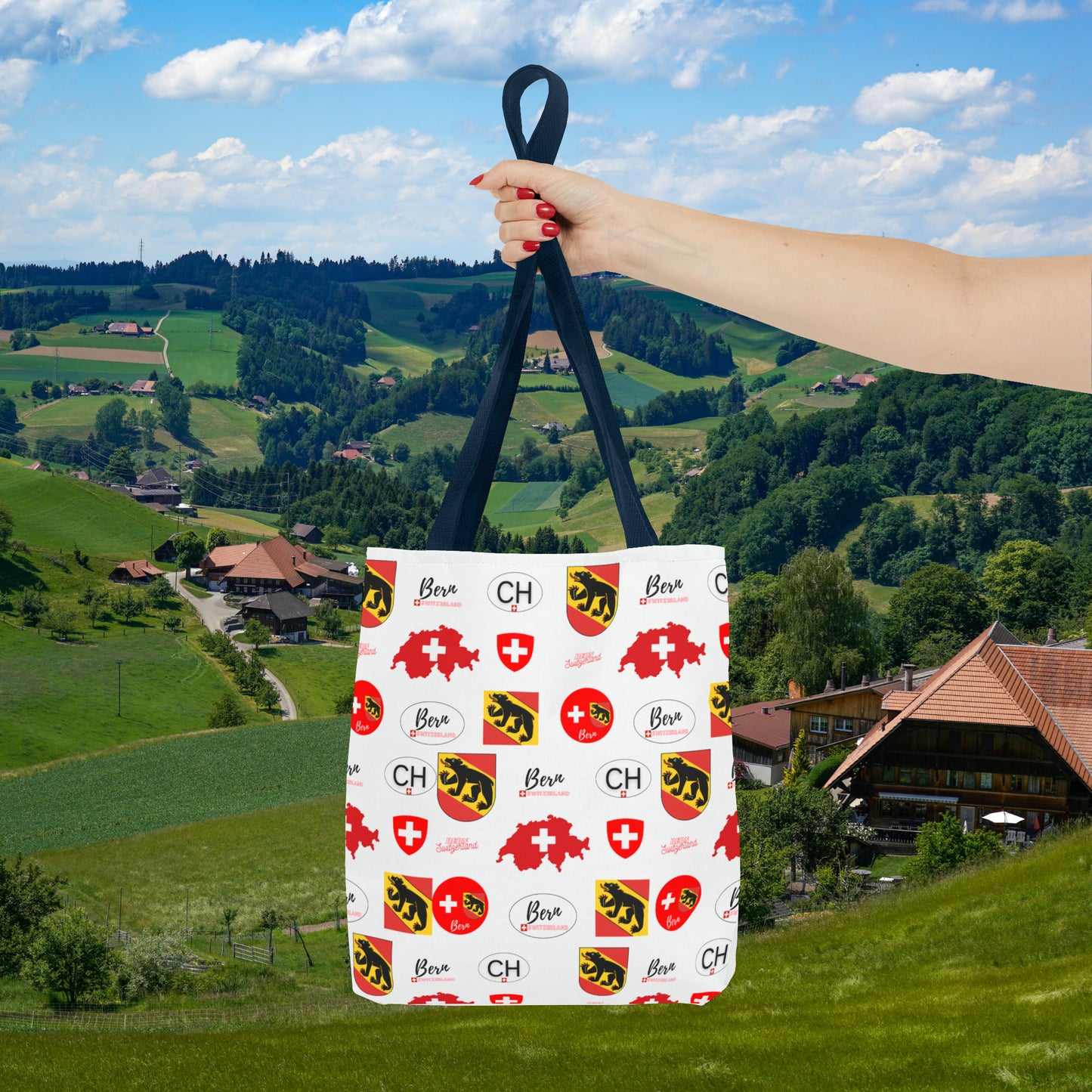 Bern Beauty All Over Tote: Swiss Flag, Coat of Arms & Map Pattern