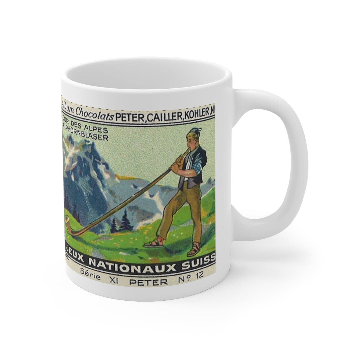 Swiss Alphorn Player Scene in the Alps  | Immerse Yourself in Alpine Melodies with Our Vintage Painting Mug