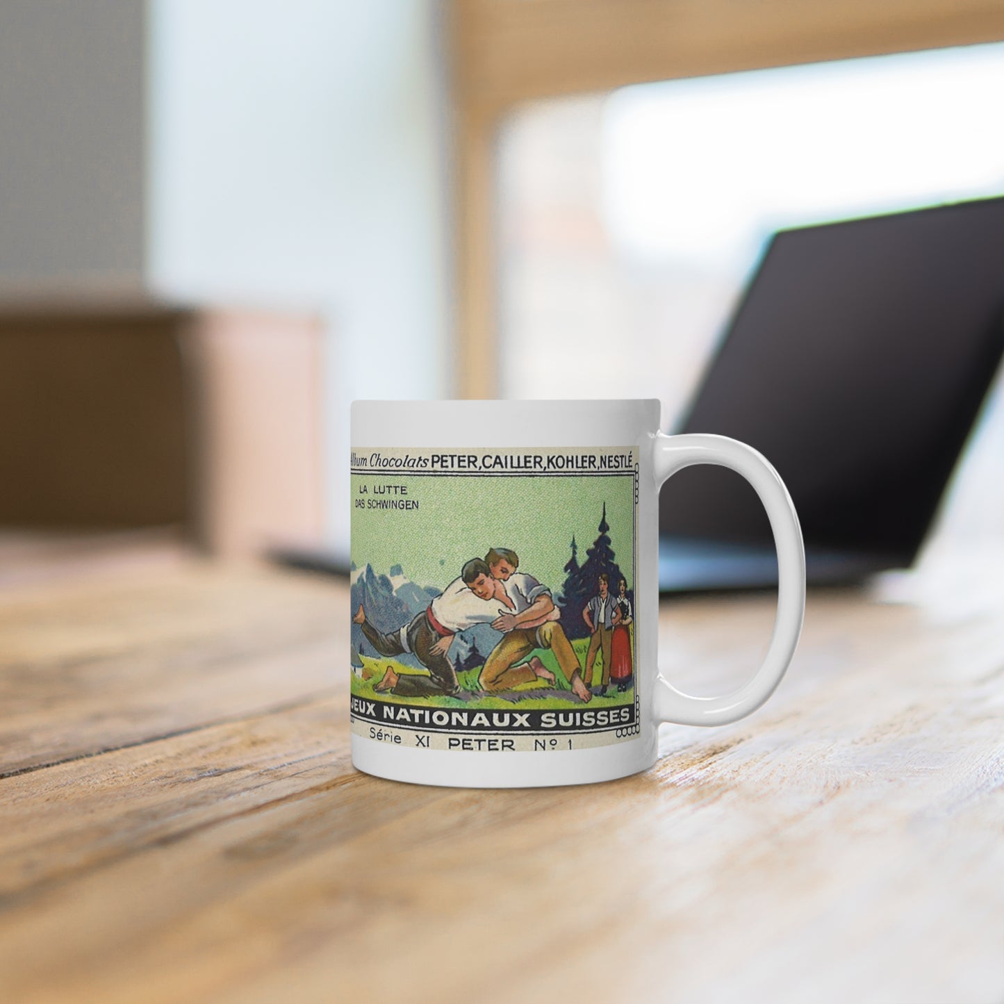 Swiss Traditional "Schwingen" | Vintage Swiss Wrestling Scene in the Alps Mug (White)