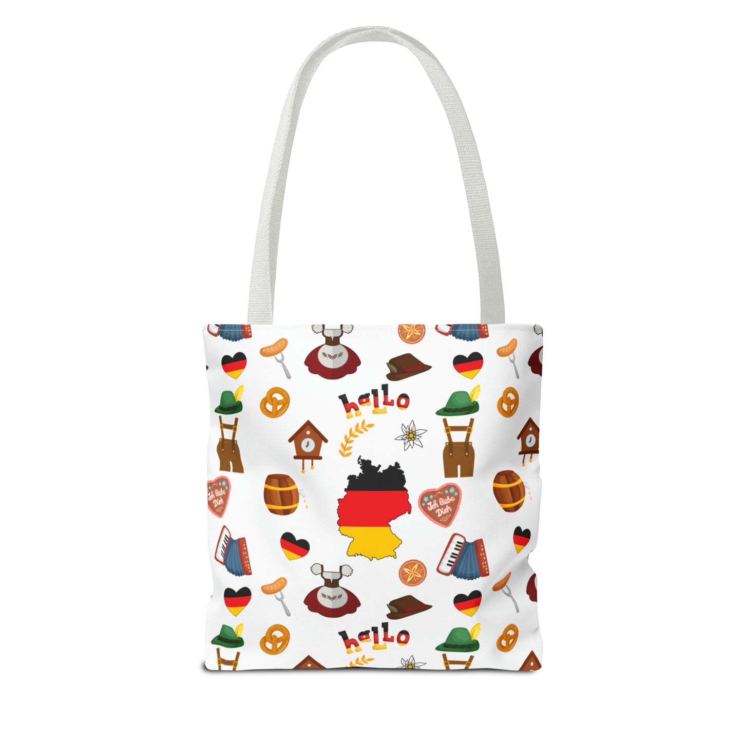 Authentic German Charm Tote: Flag, Traditional Attire, Pretzels, Sausages & More! Ideal for Wanderlust Souls (AOP)