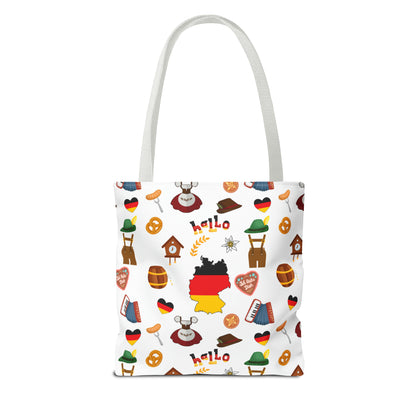 Authentic German Charm Tote: Flag, Traditional Attire, Pretzels, Sausages & More! Ideal for Wanderlust Souls (AOP)