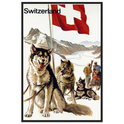 Jungfraujoch, Switzerland Vintage Travel Poster | Husky Sled Adventure Wooden Framed Poster | 60x90 cm / 24x36″