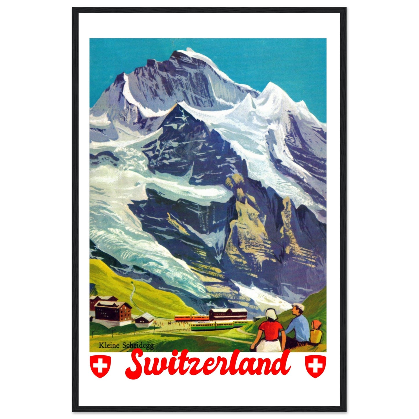 Majestic Jungfrau Mountain in Switzerland | Vintage Travel Wooden Framed Poster | 60x90 cm / 24x36″