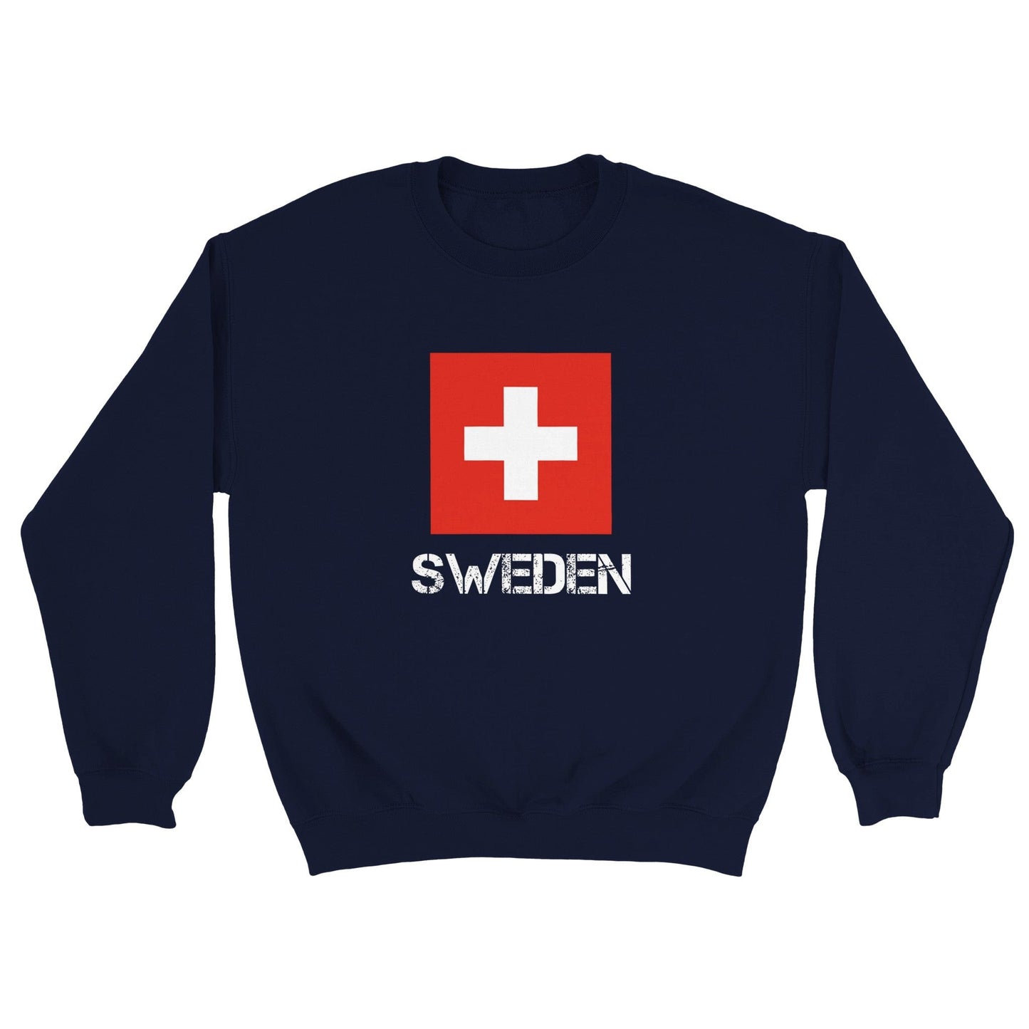 Sweatshirt displaying Swiss flag with 'Sweden' text, celebrating the confusion between Switzerland and Sweden