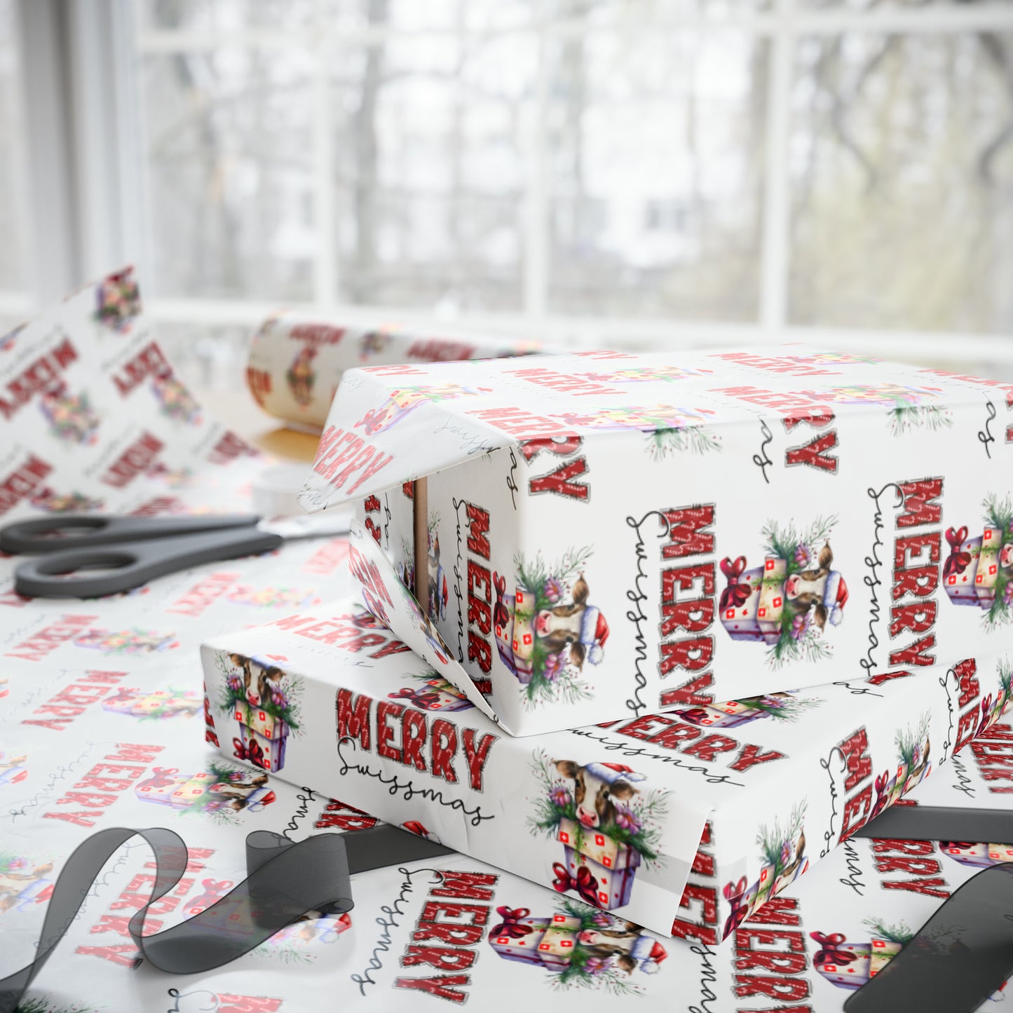 A roll of Merry Swissmas Wrapping Paper featuring festive Swiss cows on a gift box