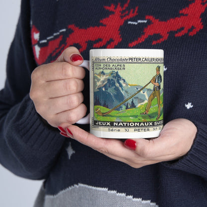 Swiss Alphorn Player Scene in the Alps  | Immerse Yourself in Alpine Melodies with Our Vintage Painting Mug