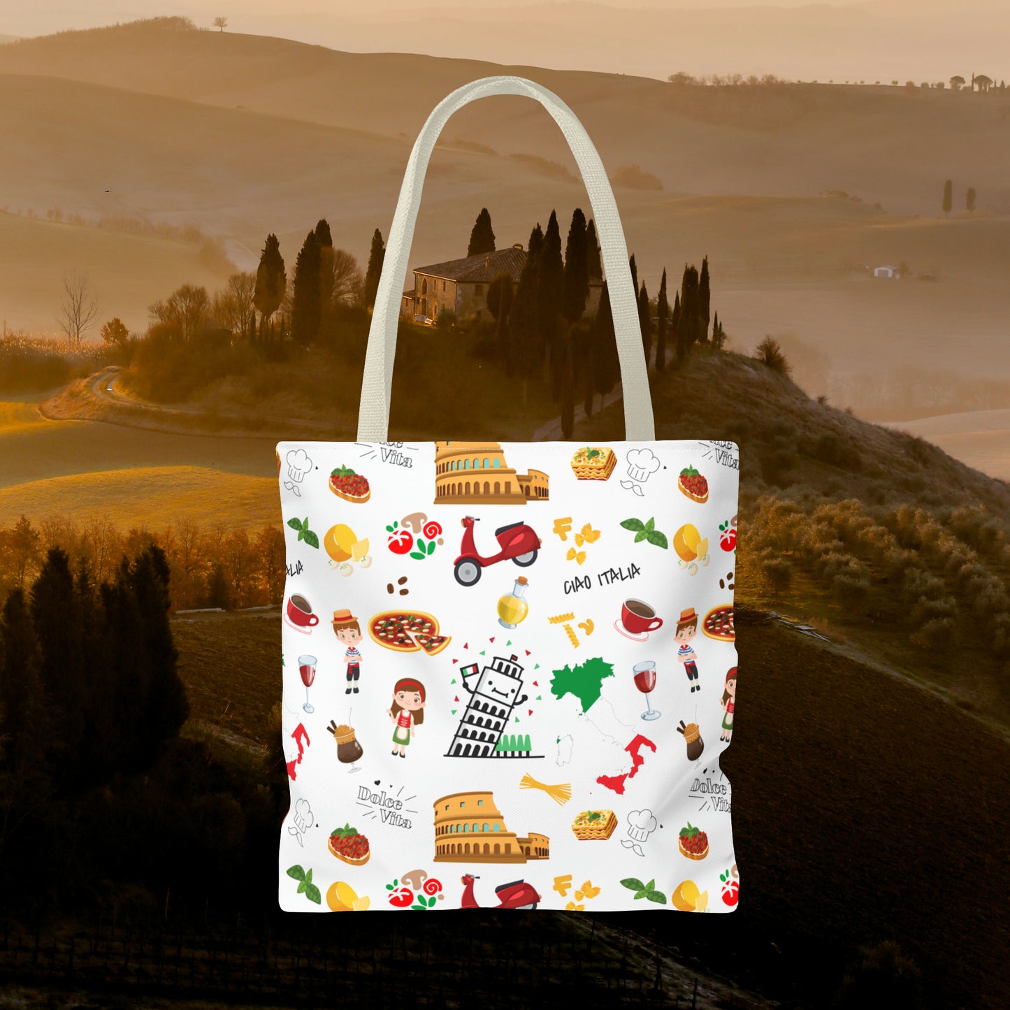 Italian Icons Tote Bag: Pizza, Coliseum, Coffee & More! Explore Italy's Charm in Style AOP