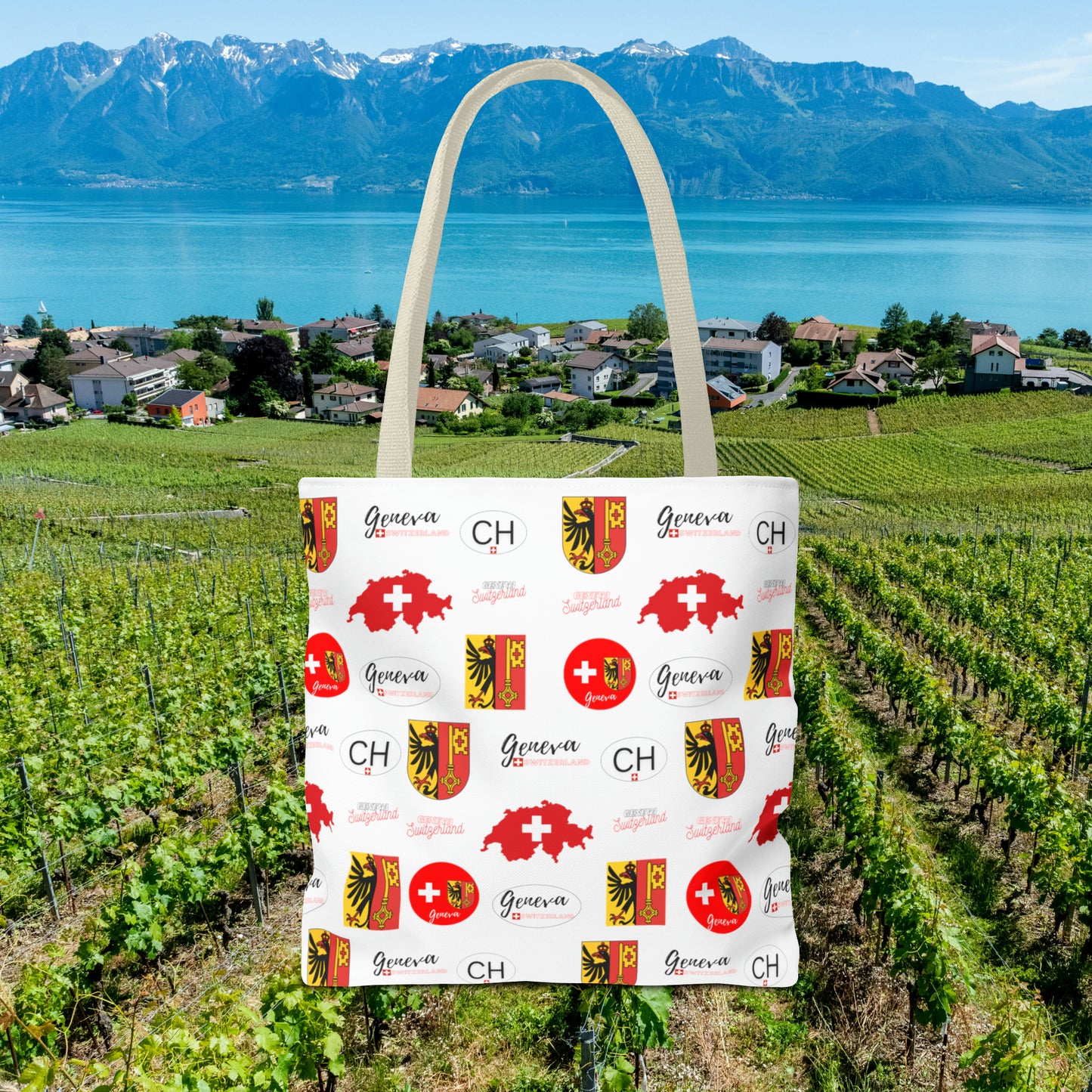 Swiss Splendor Tote: Geneva Coat of Arms, Flag, and Map Pattern