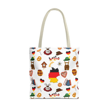 Authentic German Charm Tote: Flag, Traditional Attire, Pretzels, Sausages & More! Ideal for Wanderlust Souls (AOP)