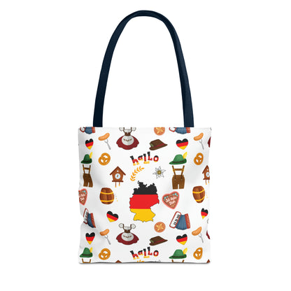 Authentic German Charm Tote: Flag, Traditional Attire, Pretzels, Sausages & More! Ideal for Wanderlust Souls (AOP)