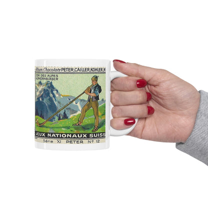 Swiss Alphorn Player Scene in the Alps  | Immerse Yourself in Alpine Melodies with Our Vintage Painting Mug