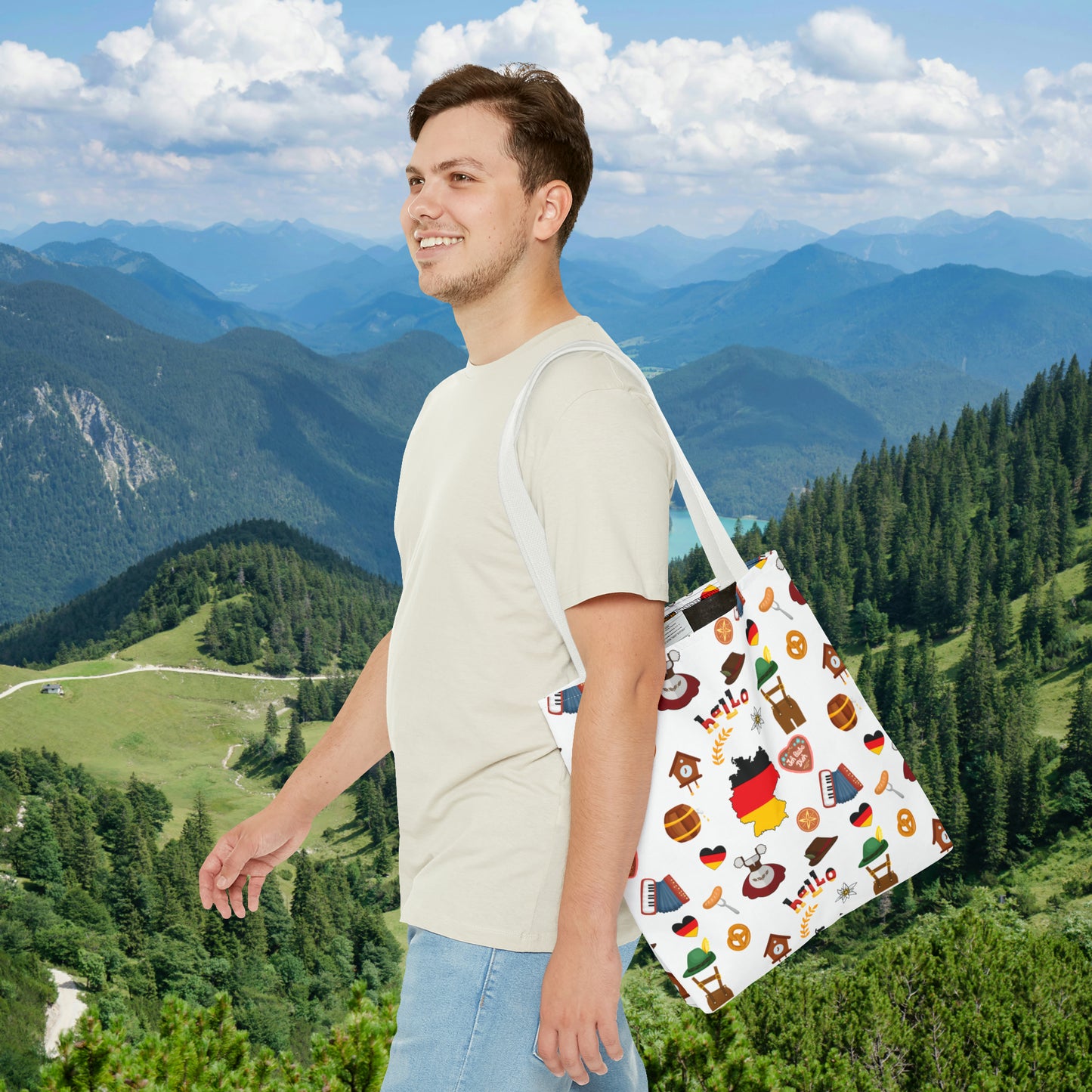 Authentic German Charm Tote: Flag, Traditional Attire, Pretzels, Sausages & More! Ideal for Wanderlust Souls (AOP)