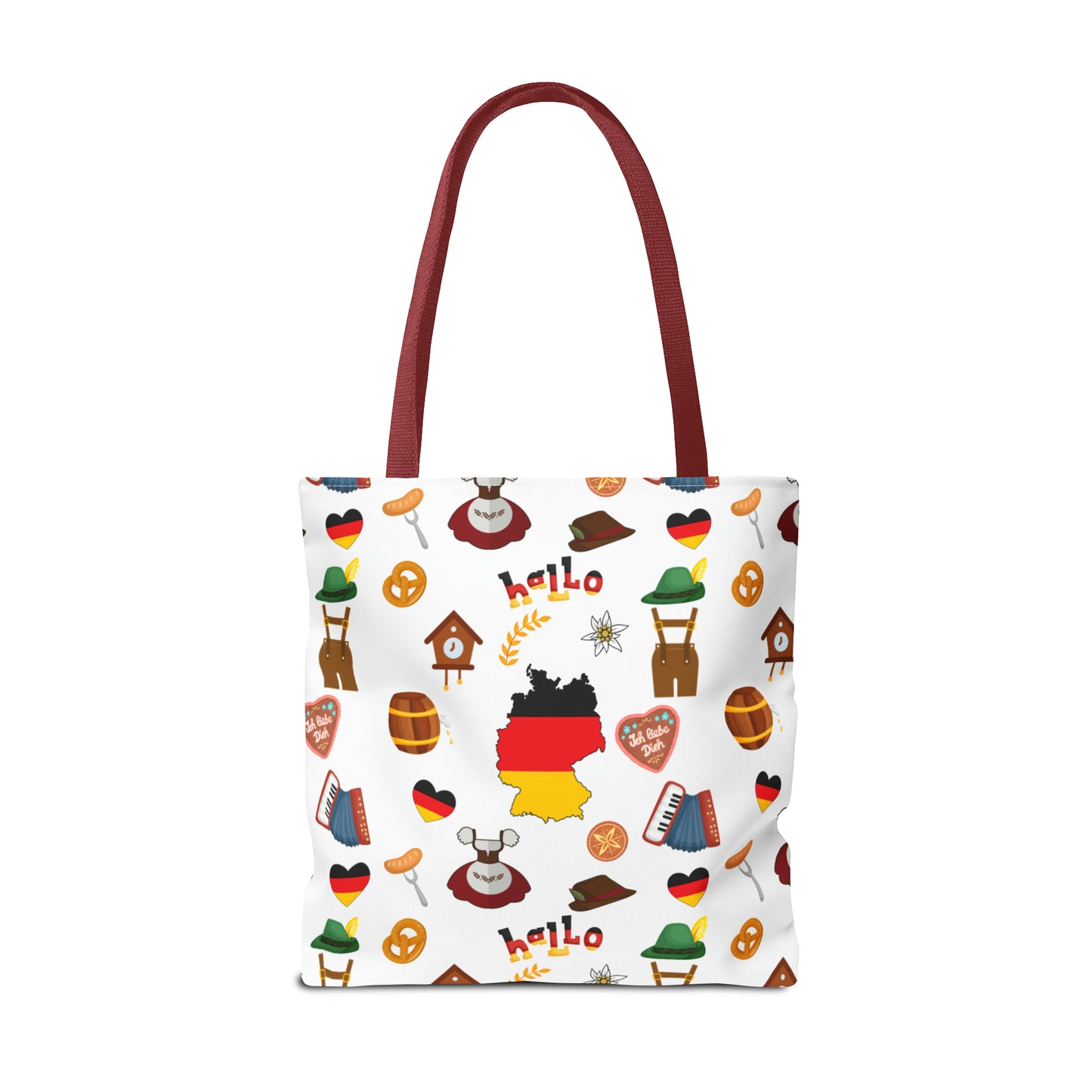 Authentic German Charm Tote: Flag, Traditional Attire, Pretzels, Sausages & More! Ideal for Wanderlust Souls (AOP)