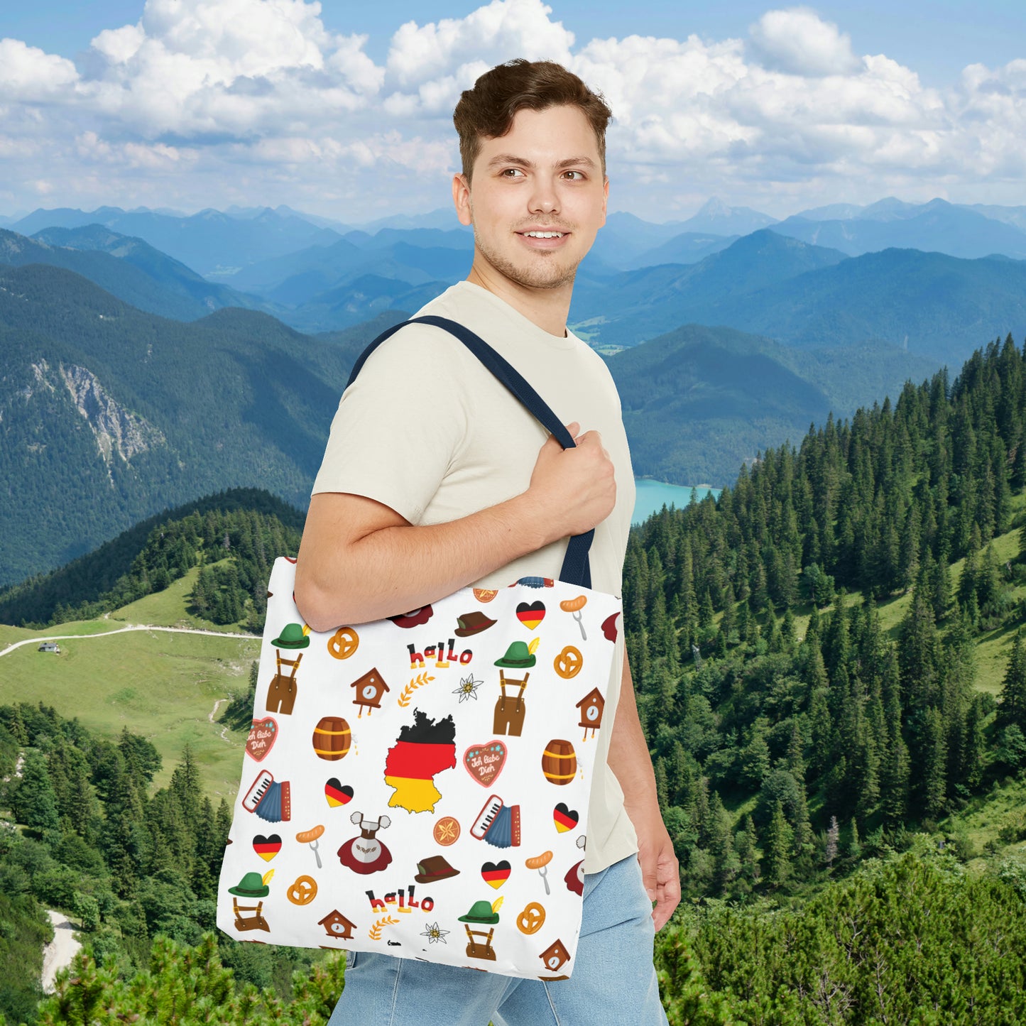 Authentic German Charm Tote: Flag, Traditional Attire, Pretzels, Sausages & More! Ideal for Wanderlust Souls (AOP)