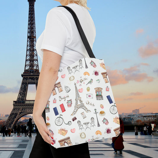 France Travel Icons Pattern Tote Bag - Eiffel Tower, Arc de Triomphe, macaroons, bistro chairs - Embrace French culture