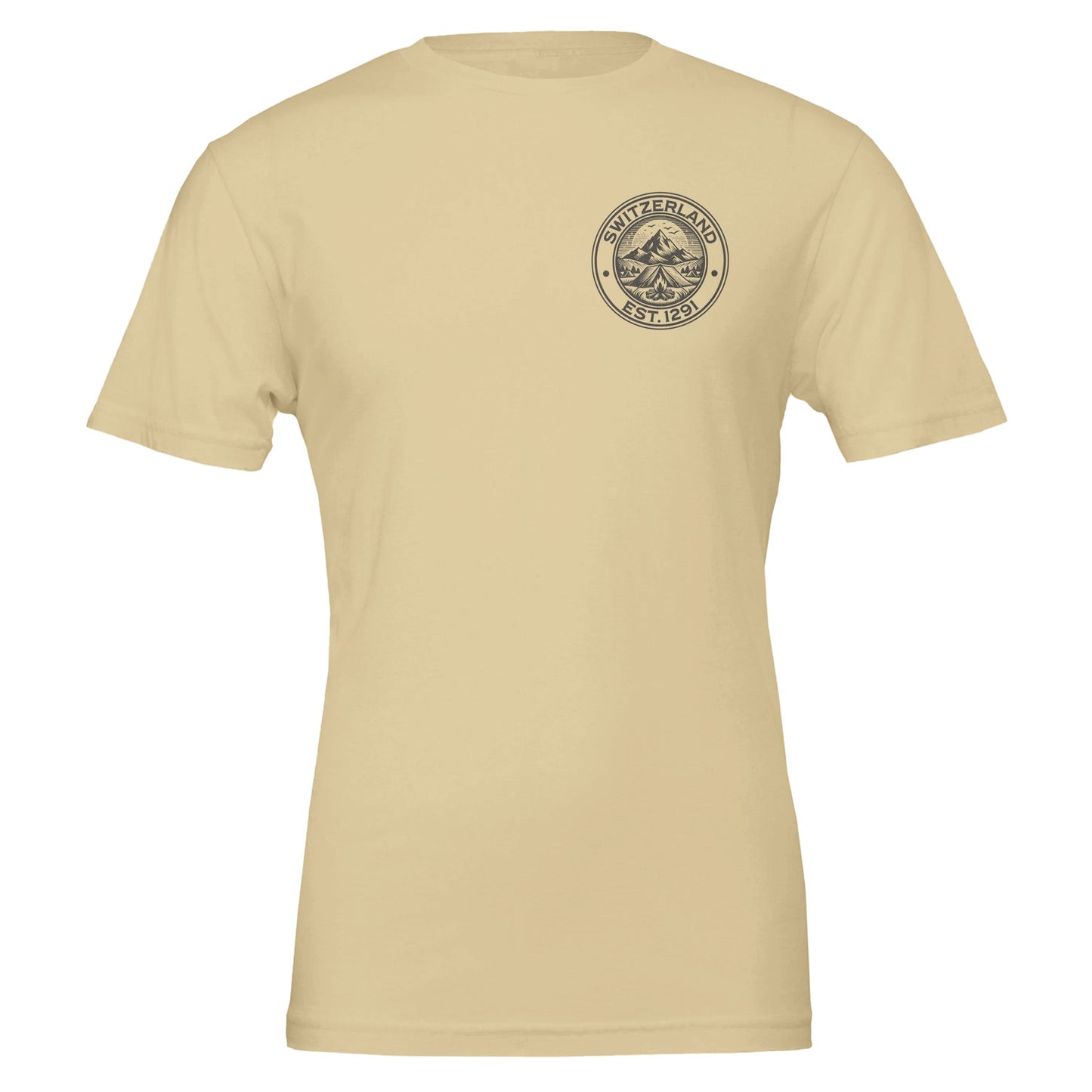 Switzerland-themed t-shirt with a retro-style mountain badge and "Established 1291" in bold lettering