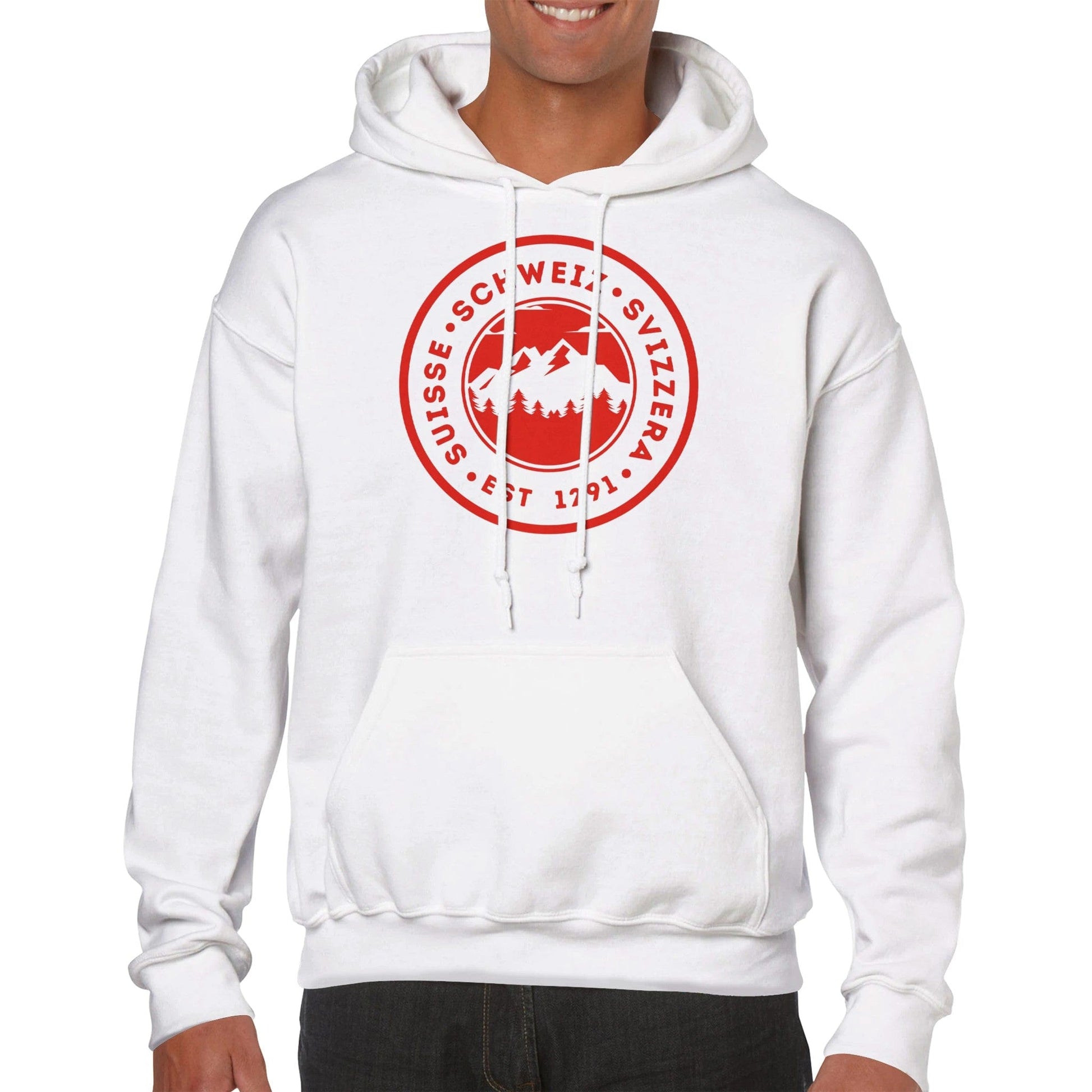 Suisse - Schweiz - Svizzera | Est. 1291 | Mountain Adventure Badge Hoodie - embrace the spirit of Switzerland with this stylish and comfortable hoodie