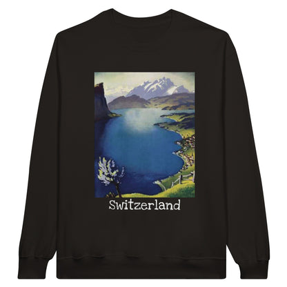 Switzerland Vintage Travel Sweatshirt featuring a vintage travel poster of Weggis and Lake Lucerne