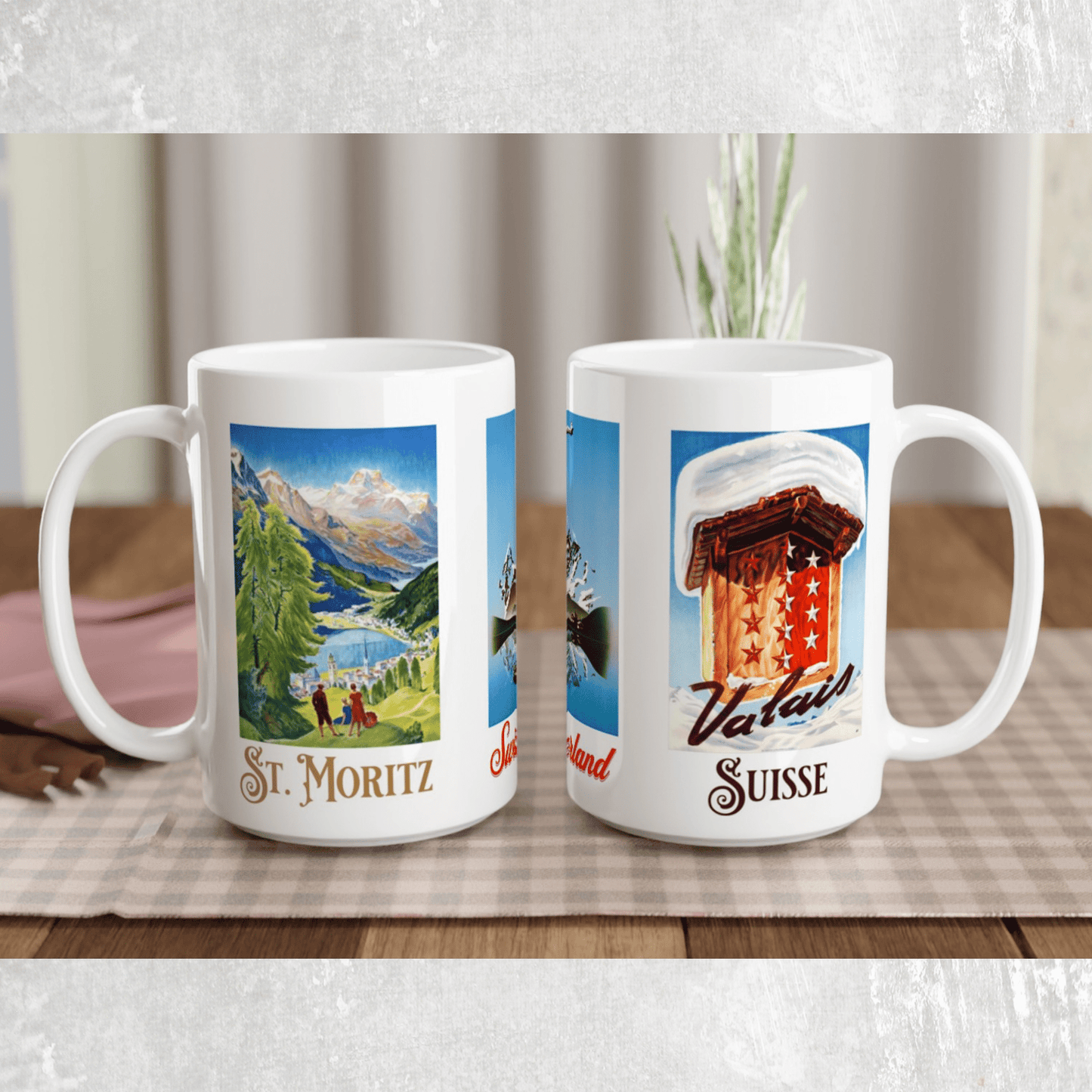 Switzerland vintage travel white mug featuring St. moritz valais