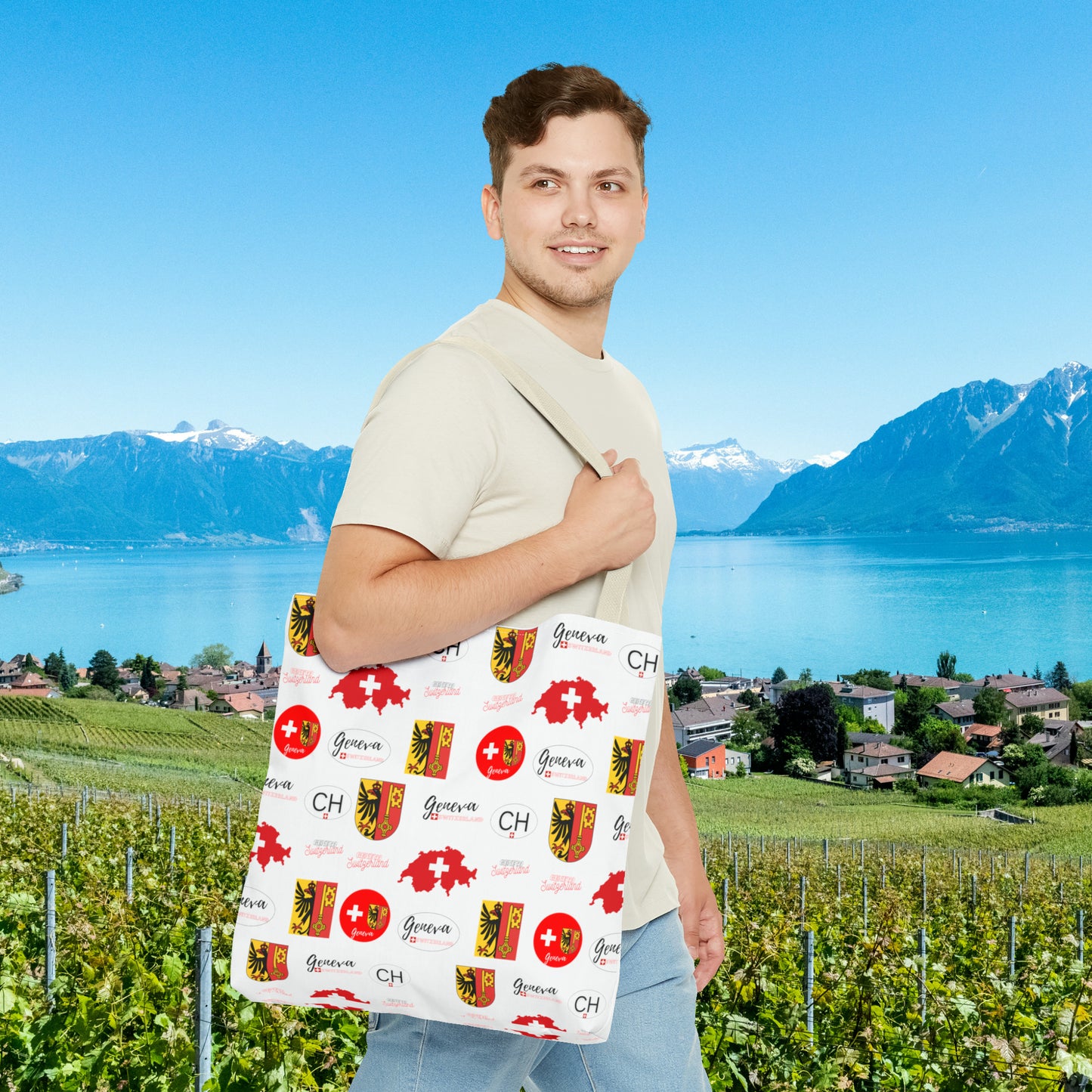 Swiss Splendor Tote: Geneva Coat of Arms, Flag, and Map Pattern