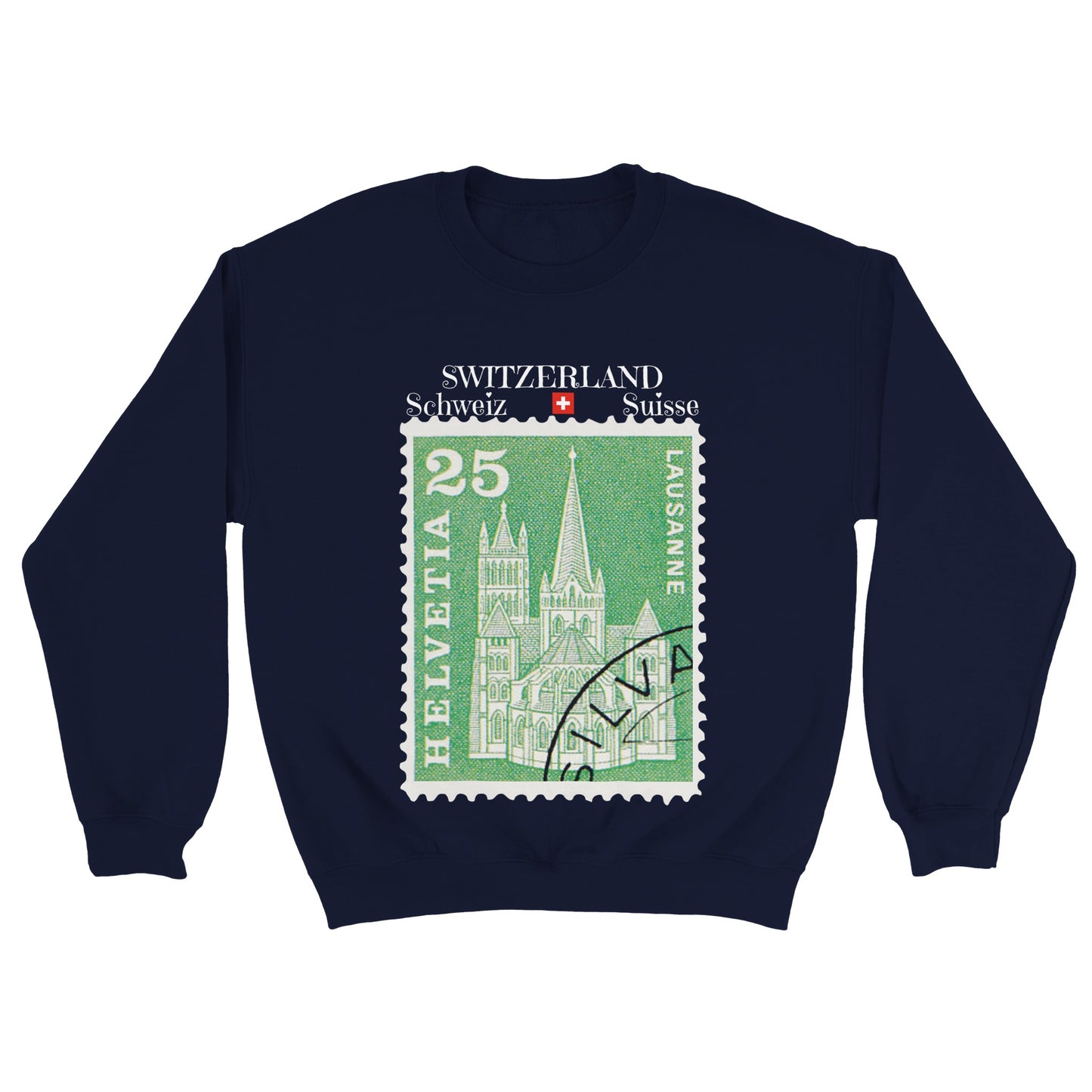 Lausanne, Switzerland-Schweiz-Suisse Vintage Helvetia Stamp Sweatshirt - Retro-inspired design showcasing Swiss heritage