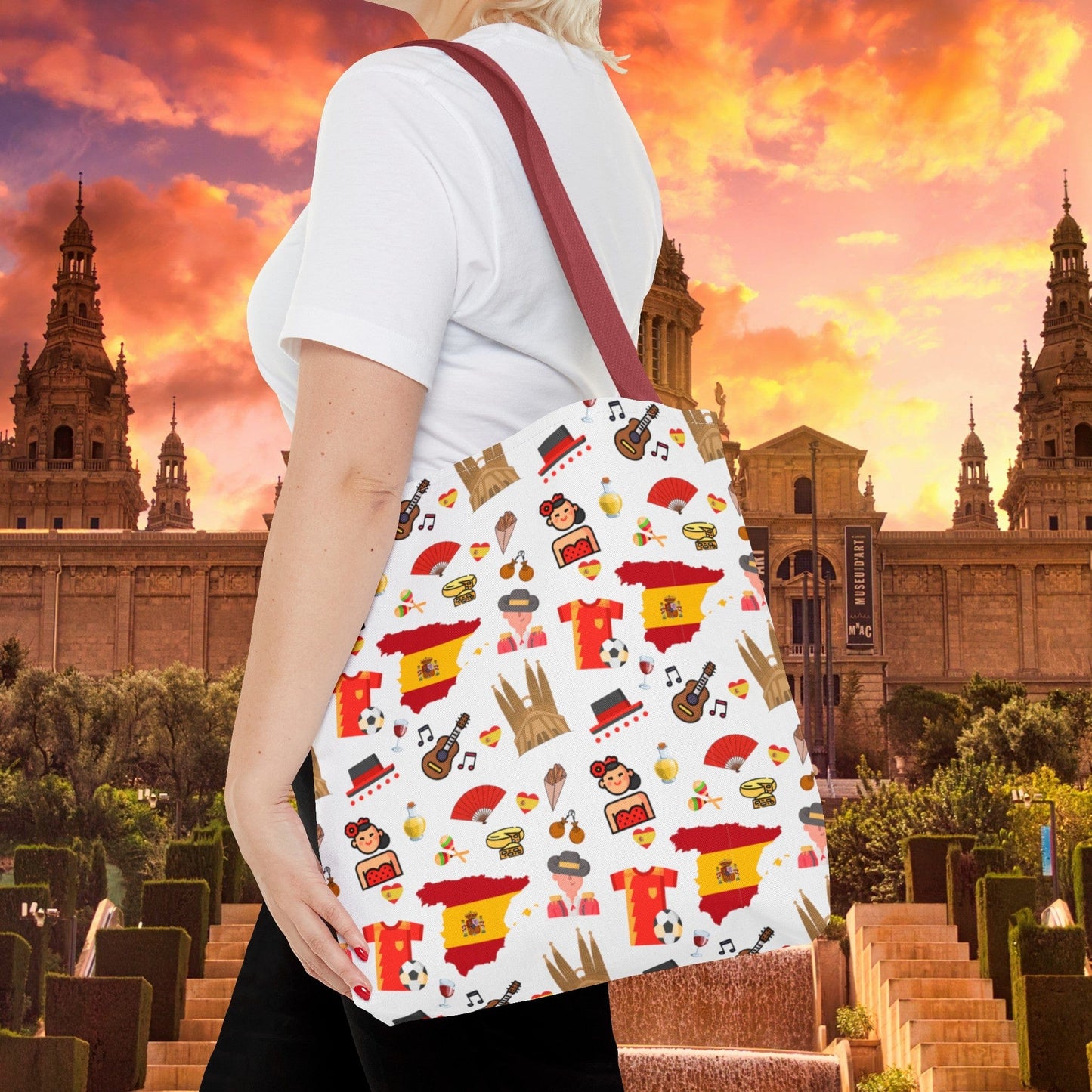 Discover Spain in Style: Vibrant Travel Tote Bag with Iconic Pattern