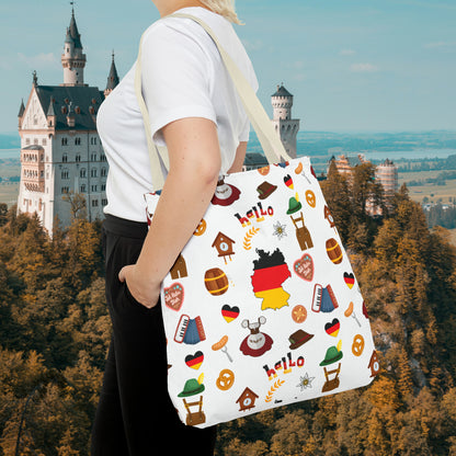 Authentic German Charm Tote: Flag, Traditional Attire, Pretzels, Sausages & More! Ideal for Wanderlust Souls (AOP)