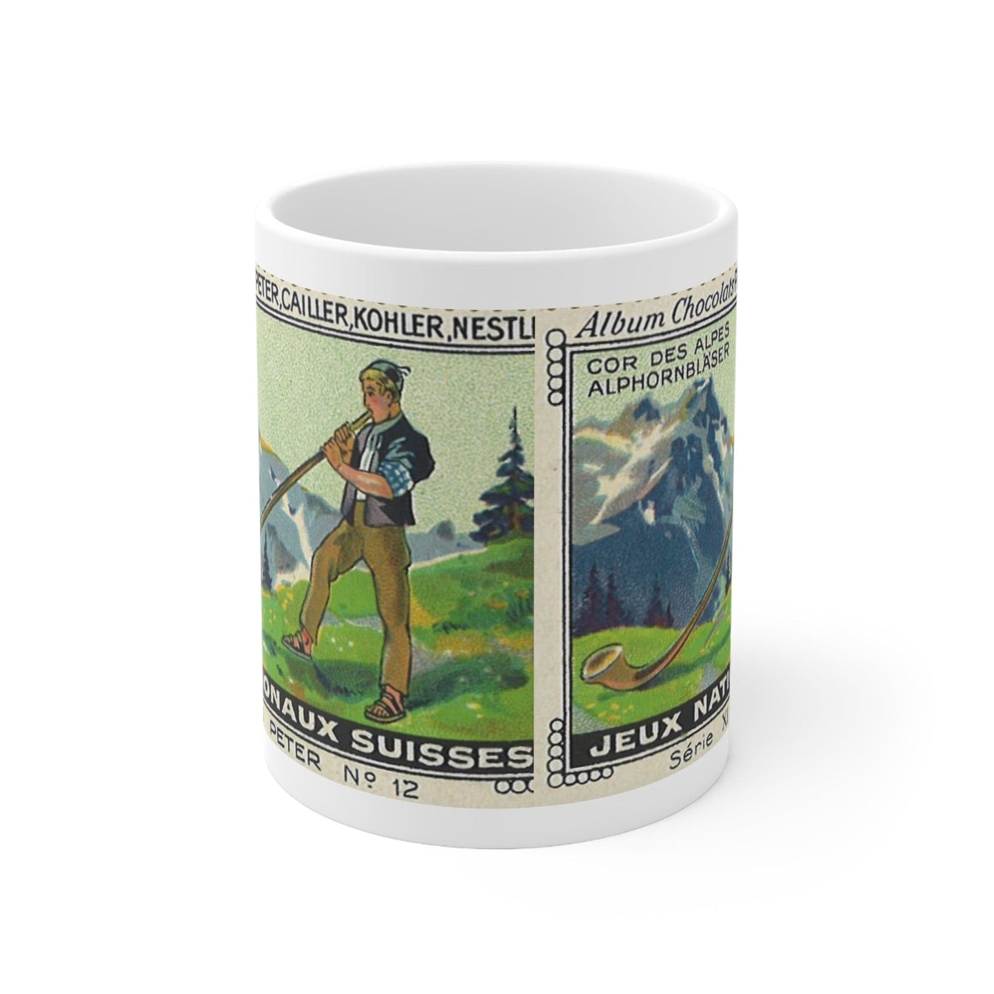 Swiss Alphorn Player Scene in the Alps  | Immerse Yourself in Alpine Melodies with Our Vintage Painting Mug