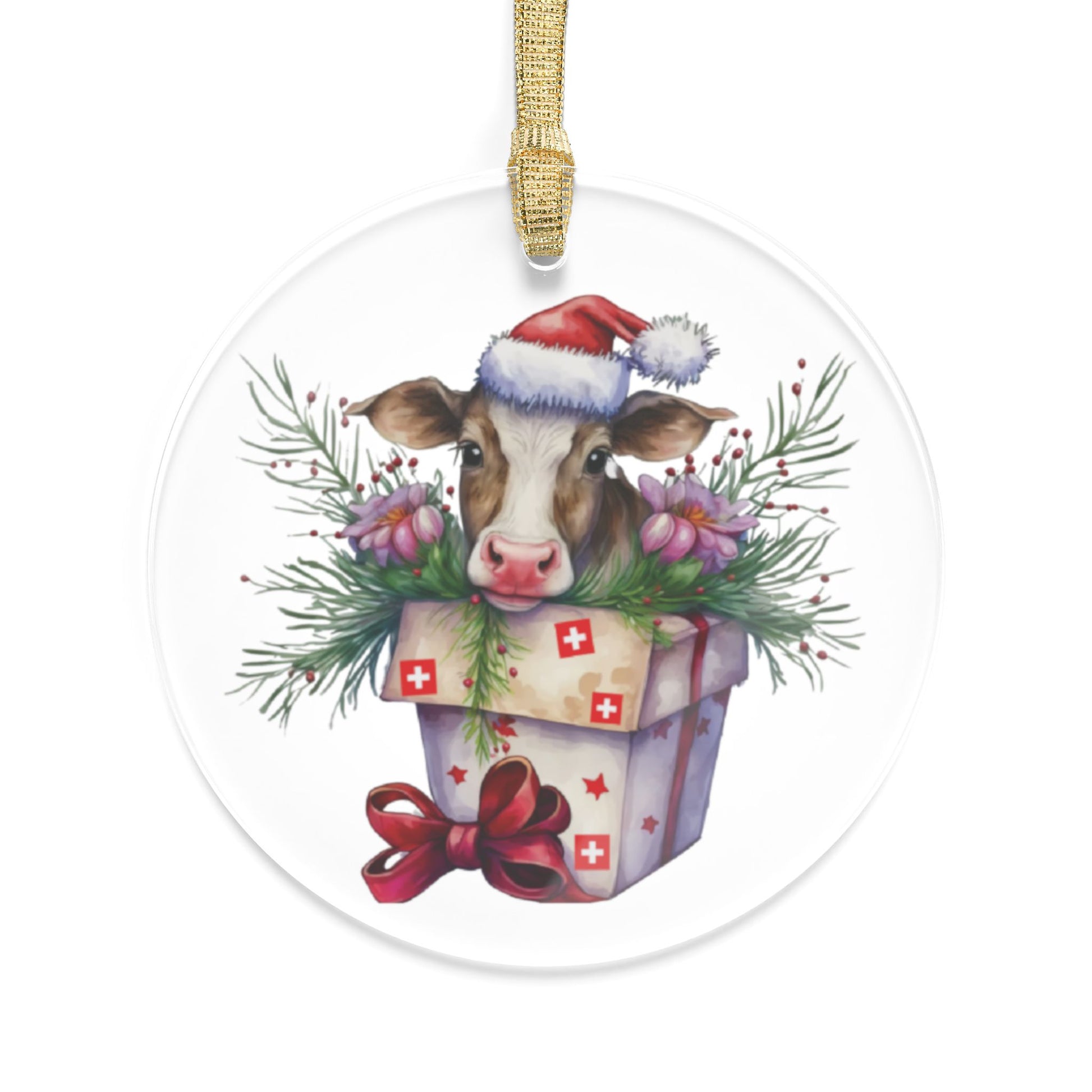 Swiss-themed Christmas cow ornament with Santa hat and festive gift box