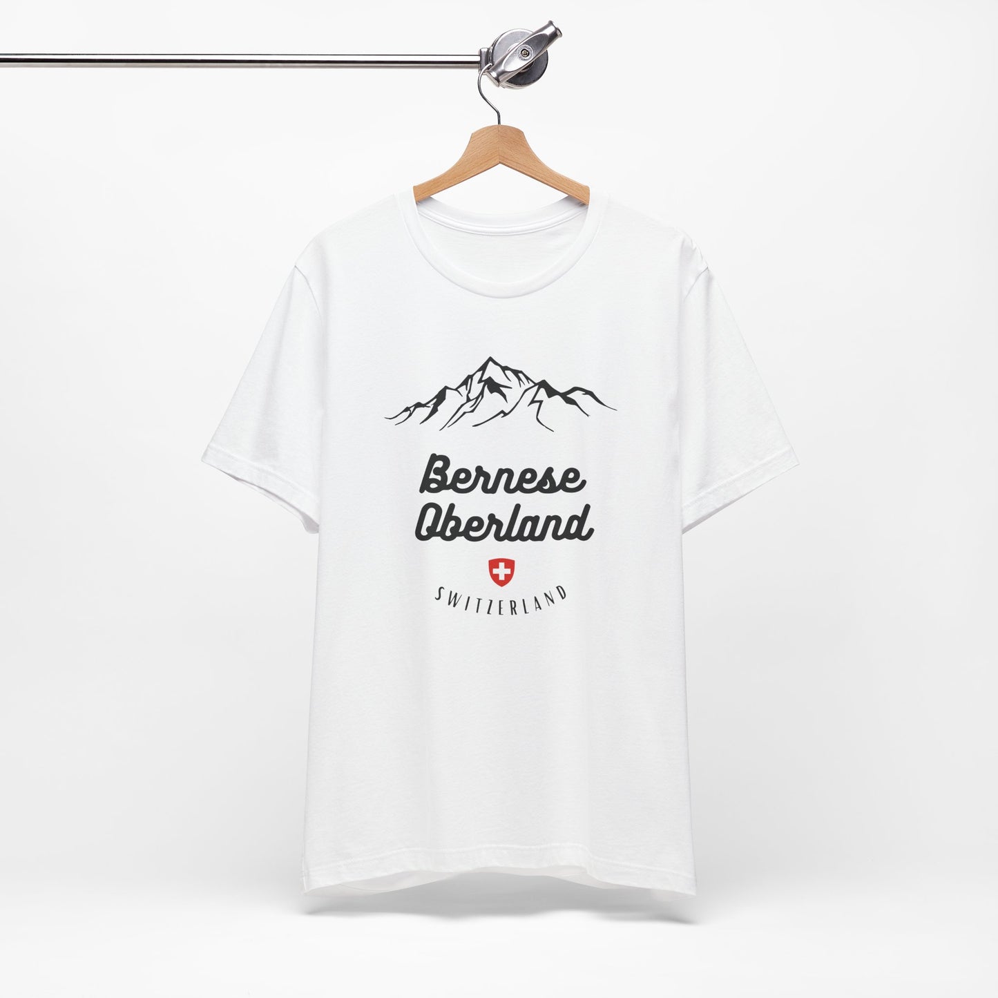 Minimalist mountain range tee with Bernese Oberland text and Swiss emblem in black