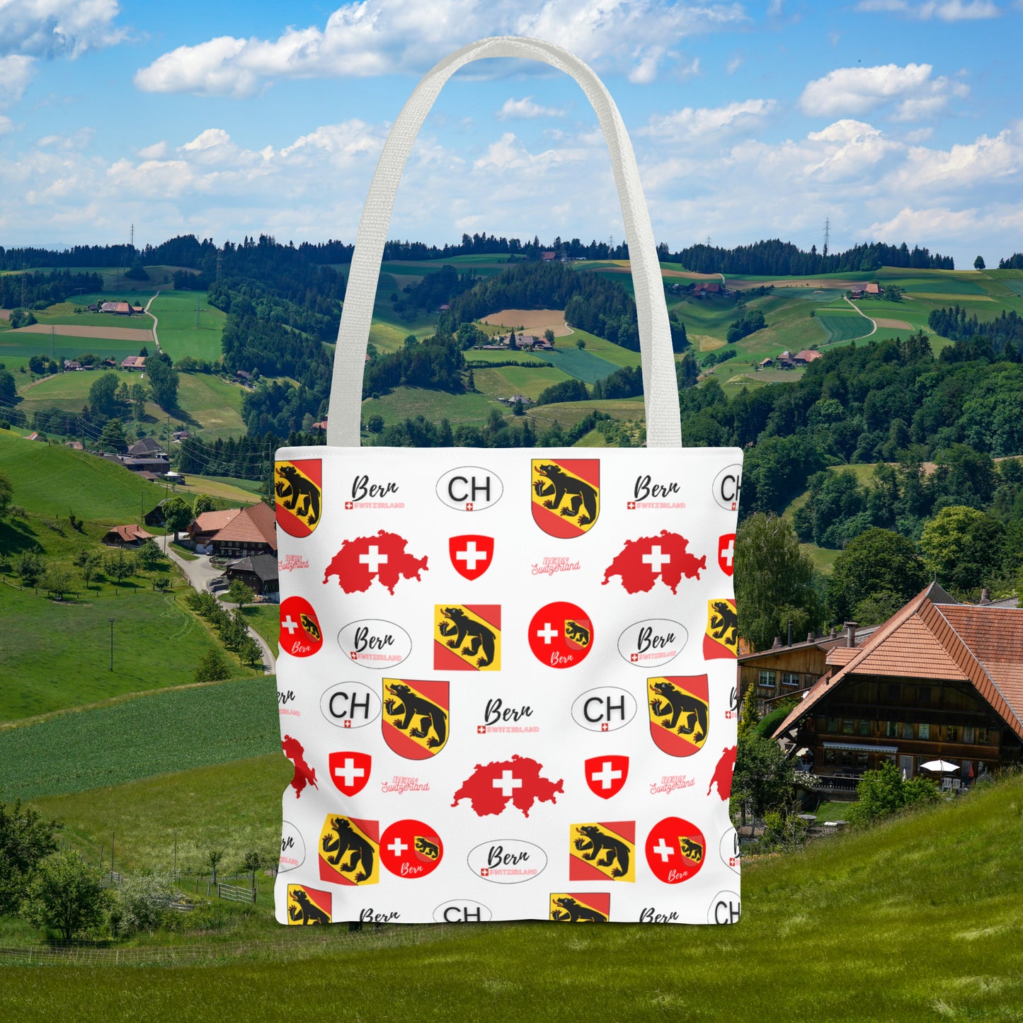 Bern Beauty All Over Tote: Swiss Flag, Coat of Arms & Map Pattern