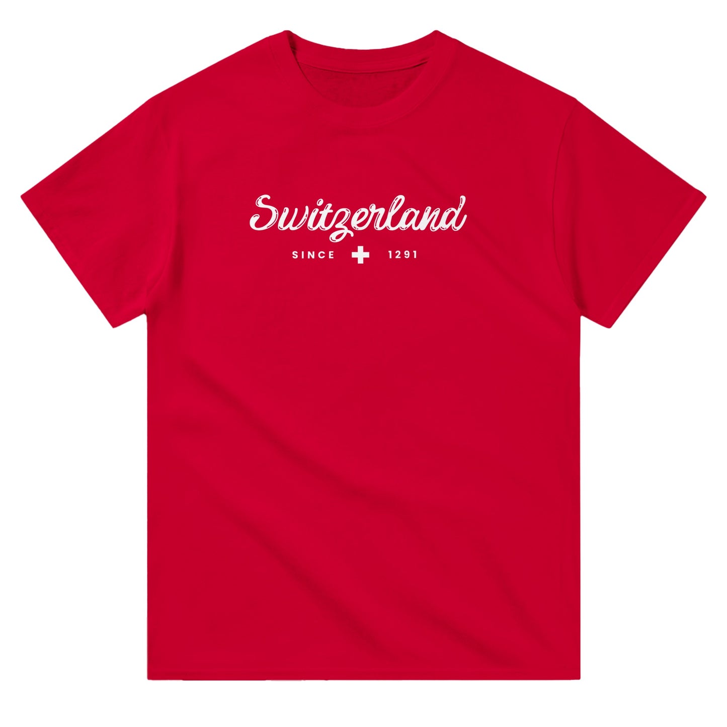 Comfortable red T-shirt with ‘Switzerland Since 1291’ print, a must-have for travelers and those celebrating Swiss roots