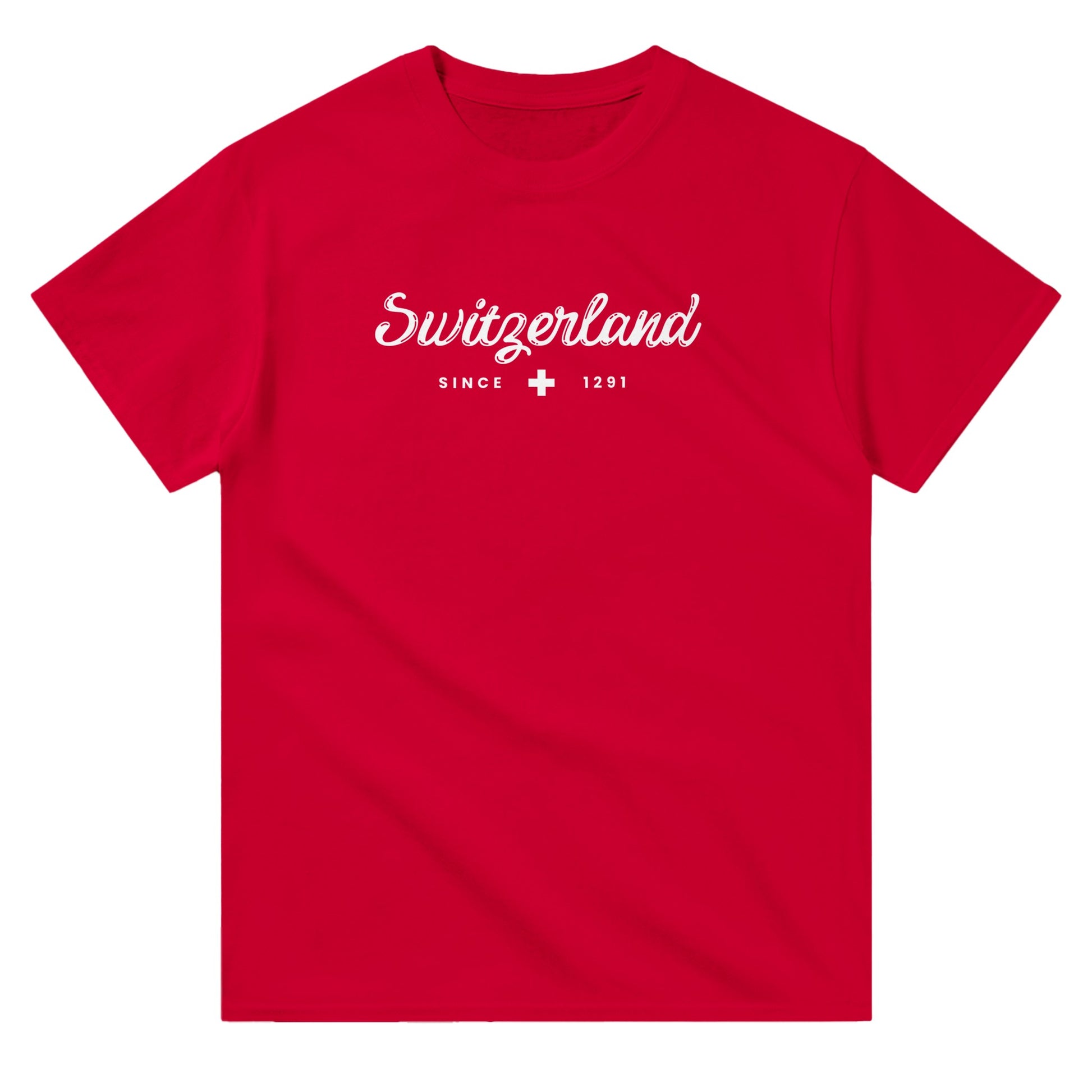 Comfortable red T-shirt with ‘Switzerland Since 1291’ print, a must-have for travelers and those celebrating Swiss roots