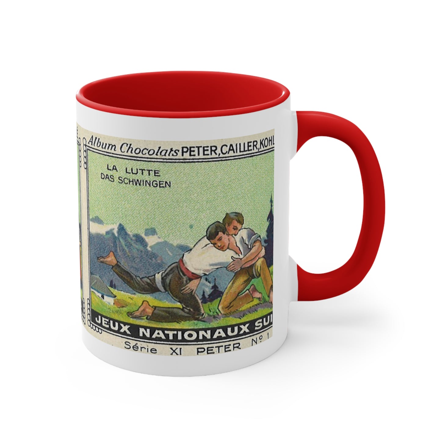 Swiss Traditional "Schwingen" | Vintage Swiss Wrestling Scene in the Alps Mug (Red-White)